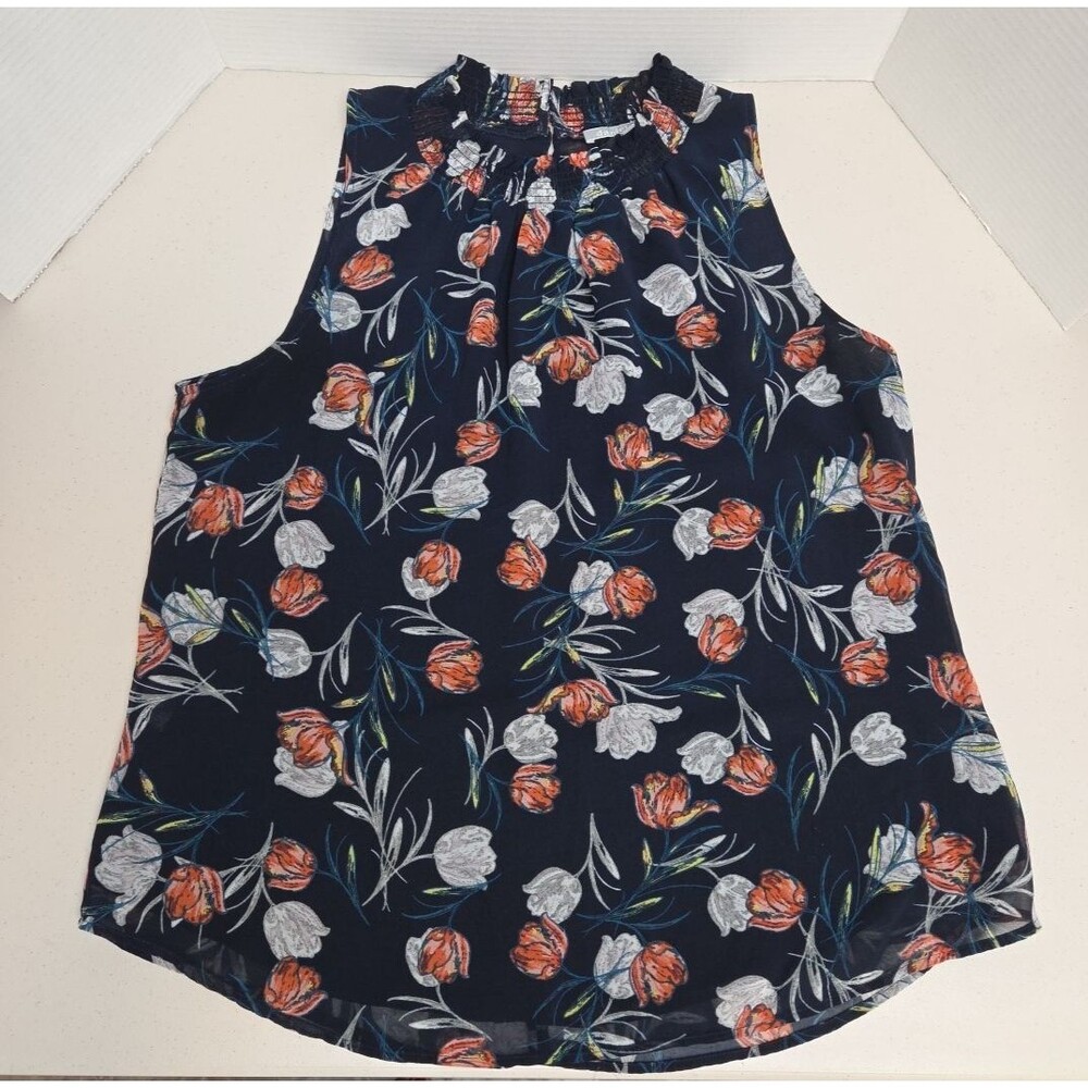 Daniel Rainn Womens Top Floral Tulips High Mock Neck Sleeveless L Keyhole Back